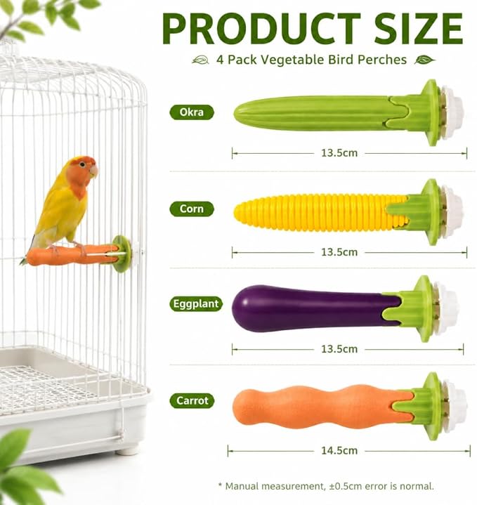 4 Pack Bird Perches for Cage, Vegetable Design Parrot Perch, Bird Nail Grinding Perch for Parakeets, Budgies, Cockatiels and Small Parrots, Bird Cage Accessories