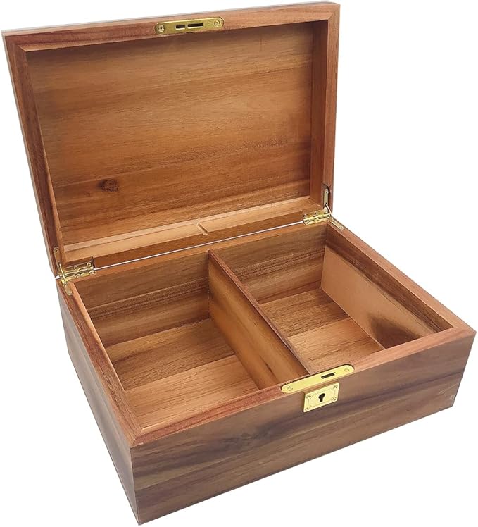 Large Wood Storage Box Decorative Wooden Box with Hinged Lid and Locking Key Premium Acacia Keepsake Chest Box Memory Gift Wooden Stash Boxes 11 X 8.5 X 5 Inches