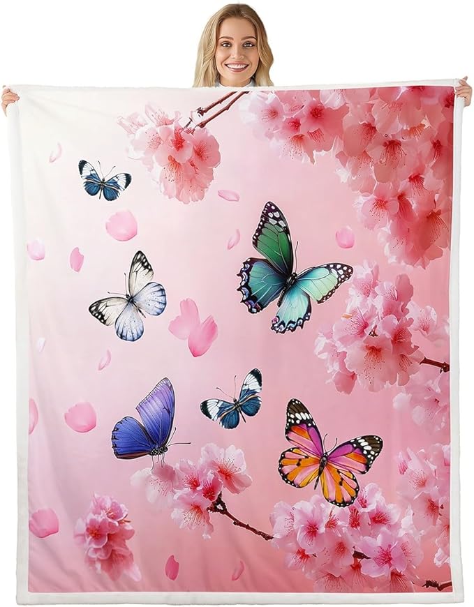 Feelyou Girls Butterfly Fleece Throw Blanket Twin 60"x80" Kids Cherry Blossom Sherpa Blanket Plush Fuzzy for Bed Couch Chair Living Room, Chic Gorgeous Bed Blanket Room Decor