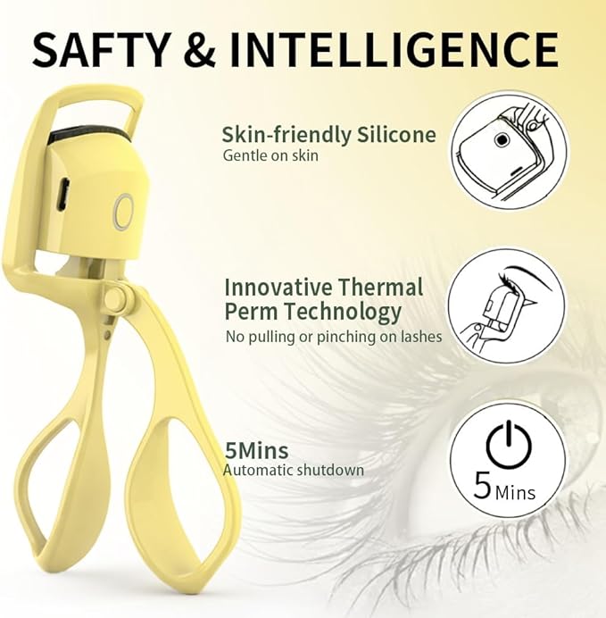Heated Eyelash Curler, Fast 5s Heat up, 24 Hours Long Lasting, Rechargeable Electric Lash Curler, Temperature Control, Safe Anti-Burn Eye Lash Curler, Quick Natural Curling Lashes (Yellow)
