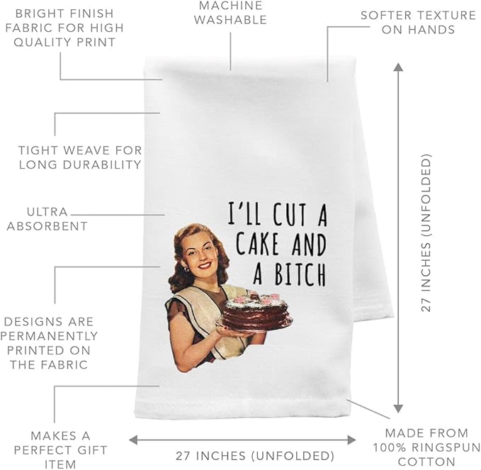 Andaz Press Funny Retro Kitchen Towel, Flour Sack Tea Towel, I'll Cut A Cake and A Bitch, Kitchen Gifts for Mom, Women Daughter, Hostess, Birthday, Housewarming Kitchen Decor