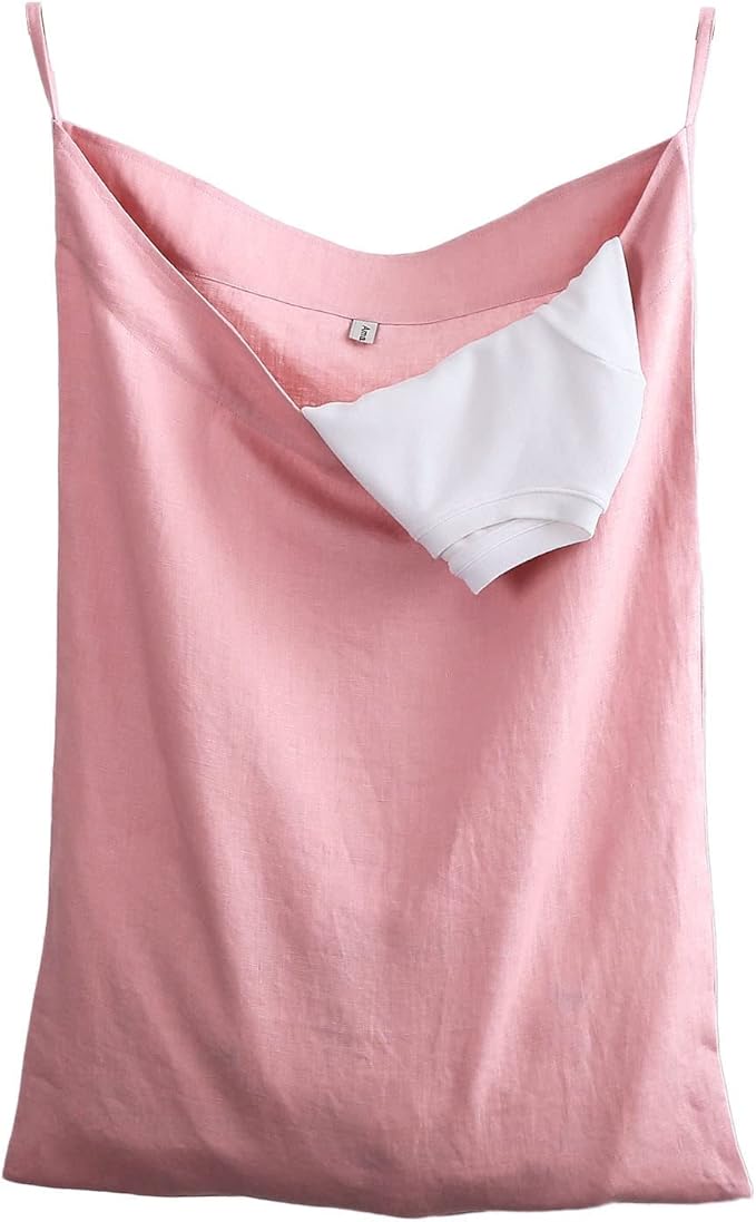 Amazhiyu Pure Linen Over The Door Laundry Hanging Hamper Bag for Holding Dirty Clothes and Saving Space Pink