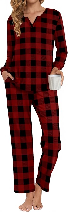 Anyally Women's Plus Size Pajama Sets Ladies Fall Pjs 2 Pieces Lounge Outfits V Neck Long Sleeves Sleepwear with Pockets