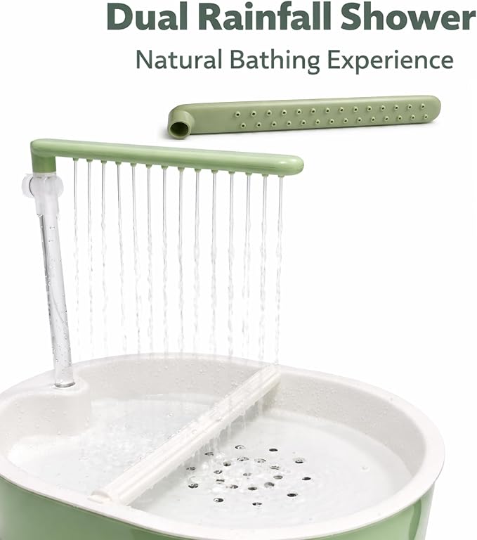 Indoor Bird Bath Fountain, Dual Rainfall Parrot Shower with Anti-Clog Pump & Filter Sponge, Adjustable Water Flow, Natural Beech Wood Perch, Bird Shower Spa for Parakeet, Cockatiel, Lovebird