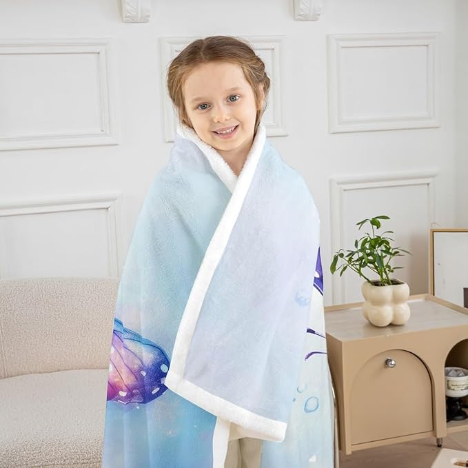 Feelyou Blue Butterfly Fleece Throw Blanket Throw 50"x60" Kids Girls Sherpa Blanket Plush Fuzzy for Bed Couch Chair Living Room, Floral Flower Bed Blanket Cute Watercolor Room Decor