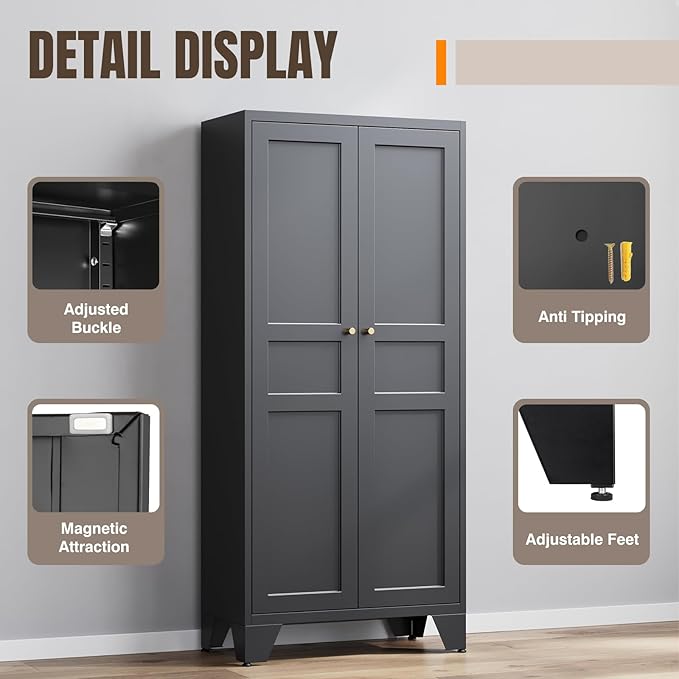 Yizosh Metal Pantry Cabinet,Tall Kitchen Pantry Storage Cabinet with Doors and Adjustable Shelves - 61" Black Cupboard Cabinet for Kitchen, Living Room,Dining Room,Home