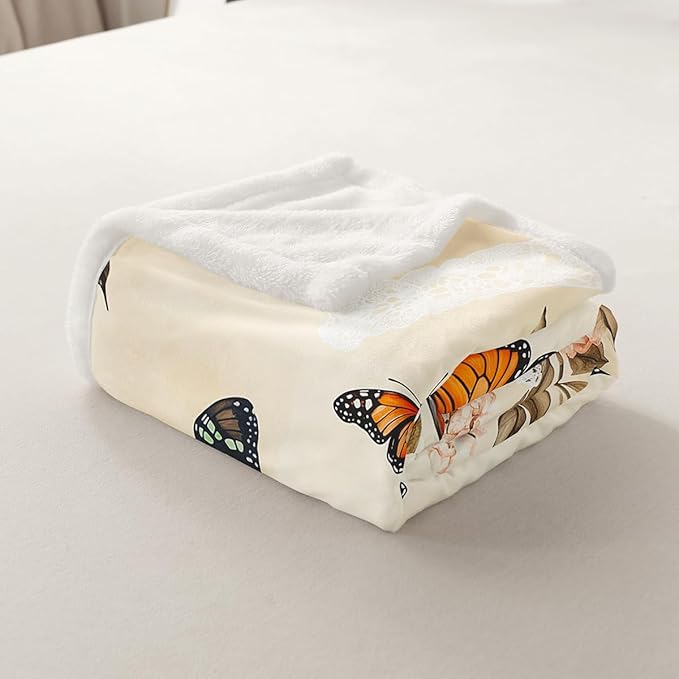 Feelyou Girls Butterfly Fleece Throw Blanket Throw 50"x60" Kids Gray Yellow Sherpa Blanket Plush Fuzzy for Bed Couch Chair Living Room, Chic Gorgeous Bed Blanket Noble Flower Room Decor