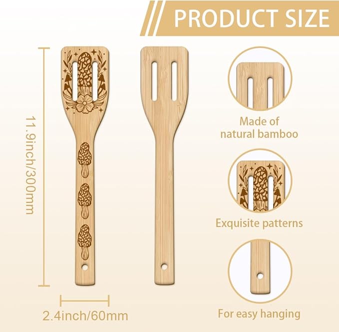 GLOBLELAND 6Pcs Mushroom Bamboo Cooking Utensils Wooden Engraved Cooking Spoons Set Carving Kitchen Bamboo Spatula Set for Women and Men Wood Cooking Spoon for Kitchen House Warming Gift