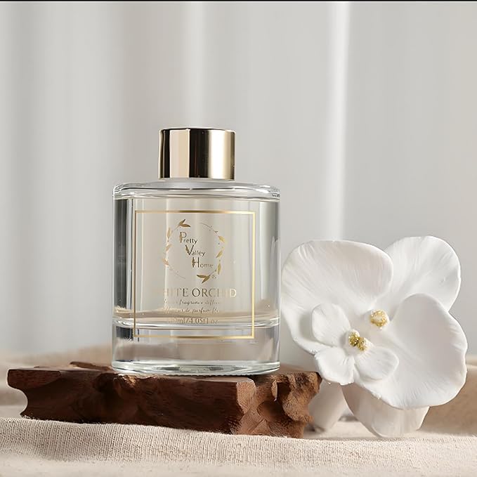 Reed Diffuser Set, Pretty Valley Home Diffuser Gypsum White Orchid Flower Oil 120Ml / 4.05fl OZ Gift Box for Bathroom Office Bathroom Living Room Decor, Long Lasting Fragrance (White Orchid)