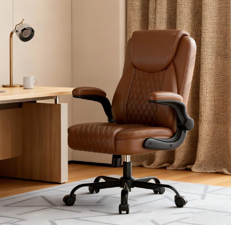 GTPLAYER PU Leather Office Chair, Home Desk Chair with Flip-up Arms, Brown