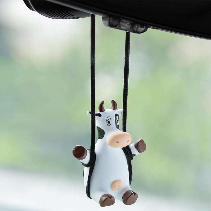 YGMONER Swinging Cow Car Hanging Ornament – Favorite Farm Animal Car Interior Mirror Decorations, Funny Rear View Mirror Hanging Accessories, Ideal Gift for Animal Lovers (Cow)