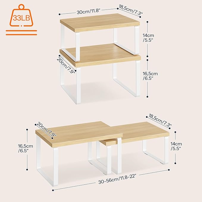HOOBRO Spice Rack Set of 2, Kitchen Counter Organizer, Kitchen Storage, Cabinet Organizer Shelf, Nest, Stackable, Side-by-Side & L-Shape for Cabinet, Kitchen, Natural and White WN33TL01