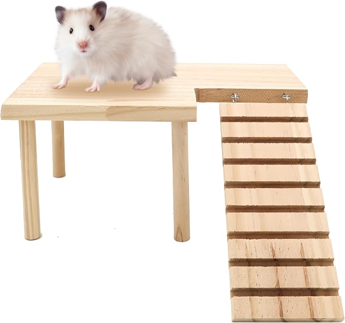 Hamster Wooden Platform with Legs, Small | Small Animal Climbing Ladder, Standing Rat Guinea Perch, Chew Toy, Cage Accessories