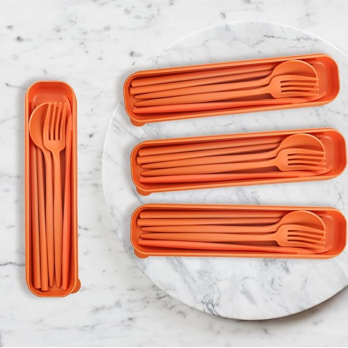 4 Sets Reusable Utensils With Case, Camping Cutlery Travel Silverware for Work, Lunch Picnic Daily Use Outdoor (Orange)