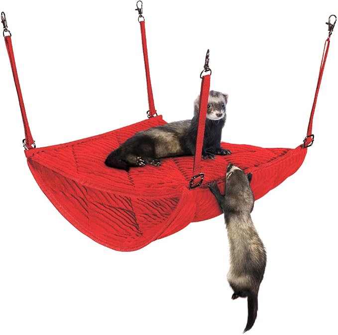 Ferret Hammock for Cage - Plush Double Bunk Bed Hanging Clips - Perfect for 2 or More Small Pets! (Rats, Ferrets, Hamsters, Guinea Pigs, Chinchillas & Squirrels) - Red