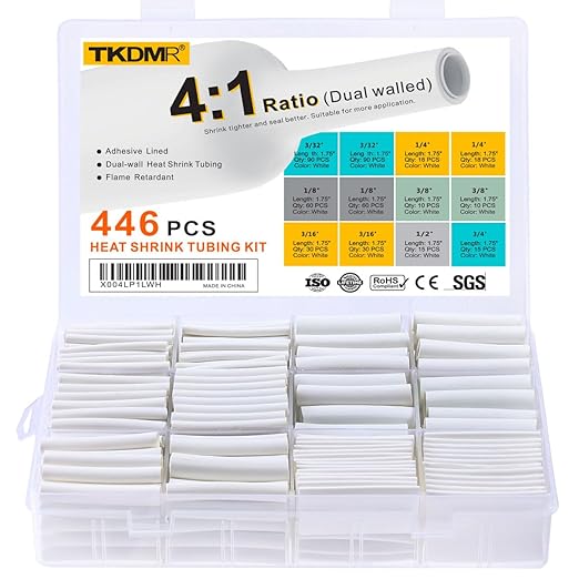 TKDMR 446 Pcs Heat Shrink Tubing Kit - 4:1 Ratio Adhesive Lined, Marine Grade Shrink Wrap,Industrial Heat Shrink Tubing,White
