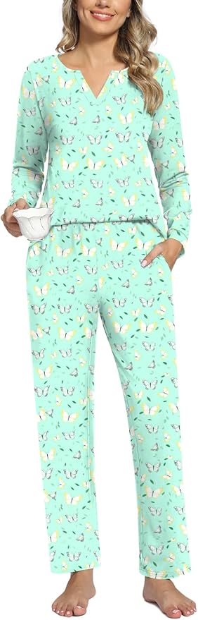 Anyally Women's Plus Size Pajama Sets Ladies Fall Pjs 2 Pieces Lounge Outfits V Neck Long Sleeves Sleepwear with Pockets