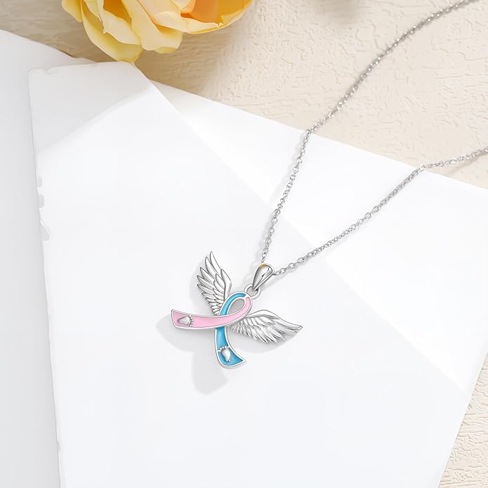 AOBOCO Miscarriage Gifts for Mothers 925 Sterling Silver Blue and Pink Ribbon Angel Wing Pendant Pregnancy Loss Awareness Sympathy Necklace Memorial Gift for Mom