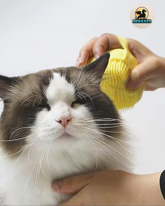 MERAXES Pet Grooming Bath Brush with Soap Dispenser – Soft Silicone Massage Bristles for Dogs & Cats, Gentle Deshedding & Deep Cleaning for Long or Short Hair – Yellow