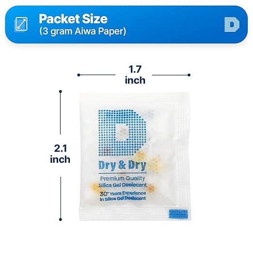 Dry & Dry 3 Gram[200 Packets] Orange Indicating Silica Gel Packets Desiccant Dehumidifiers - Food Safe Silica Packs, Silica Gel, Moisture Absorbers, Silica Packets, Desiccant Packs