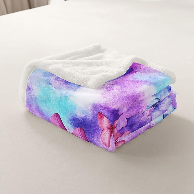 Feelyou Girls Butterfly Fleece Throw Blanket Twin 60"x80" Kids Tie Dye Watercolor Sherpa Blanket Plush Fuzzy for Bed Couch Chair Living Room, Dreamy Girly Bed Blanket Colorful Room Decor