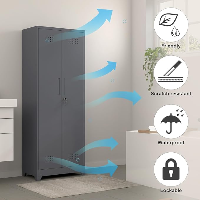 GREATMEET 65" H Metal Cleaning Supply Storage Cabinet, Lockable Double Door Garage Utility Organizer with Adjustable Shelves & Pegboard, Grey
