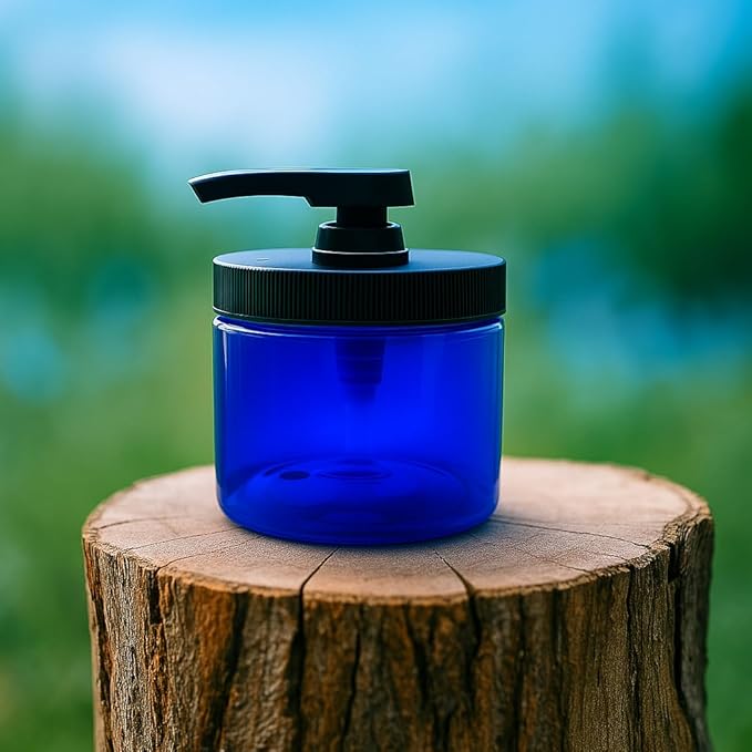 Royal Massage 16oz Refillable Pump Jar with Locking Dip Tube Dispenser – BPA-Free Plastic Container for Massage Oils, Lotions, Creams – Ribbed Lid Wide-Mouth Jar – Durable & Reusable (Blue/Black, 3)