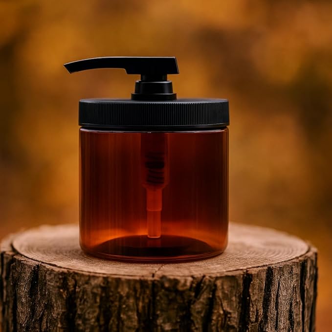 Royal Massage 16oz Refillable Pump Jar with Locking Dip Tube Dispenser – BPA-Free Plastic Container for Massage Oils, Lotions, Creams – Ribbed Lid Wide-Mouth Jar – Durable & Reusable (Amber/Black, 12)