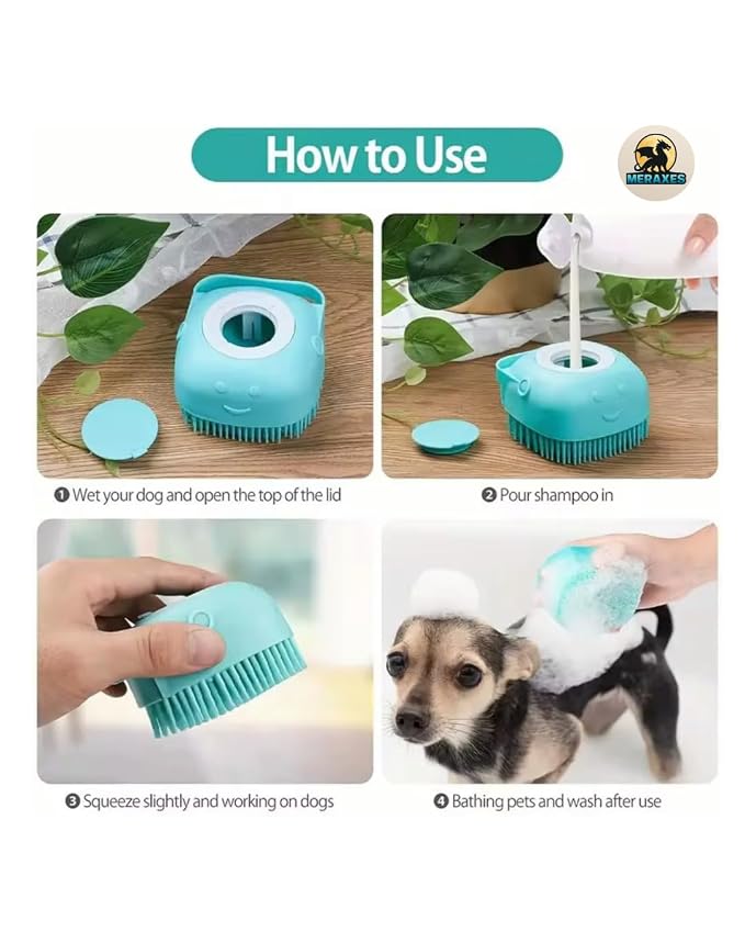 MERAXES Pet Grooming Bath Brush with Soap Dispenser – Soft Silicone Massage Bristles for Dogs & Cats, Gentle Deshedding & Deep Cleaning for Long or Short Hair – BLU