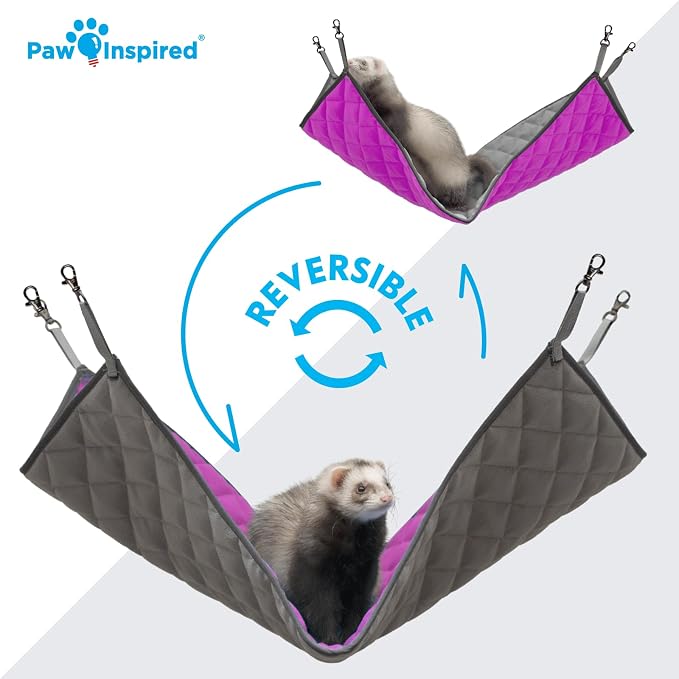 Paw Inspired Hanging Fleece Hammock for Small Animals, Gray/Pink | Hammock with Swivel Clips for Pet Cage for Ferrets, Rats, Chinchillas, Sugar Gliders, Hideout Toy for Guinea Pigs, Hamsters