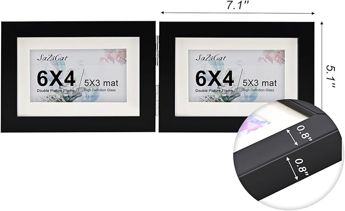 Double Hinged 4X6 Picture Frame with Real Glass-Tabletop or Wall Mounted, Display for 3X5 & 4X6 Photos (with/without Mat)-Classic Black, For Family Photos & Wedding Memories-H64X2
