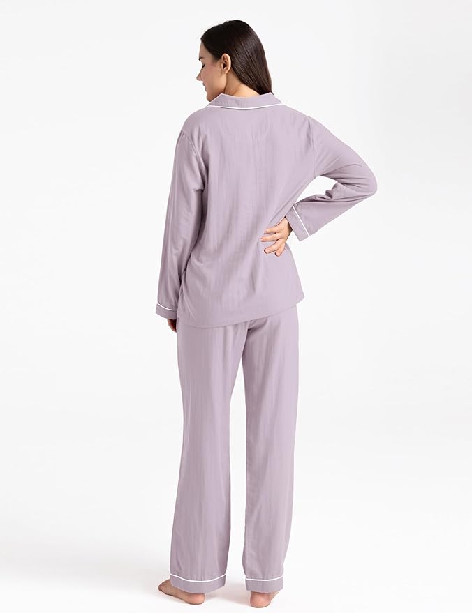 Womens Pajama Sets 100% Double Gauze Cotton Linen Like Muslin Pajamas Long Sleeve Button Down Sleepwear Soft Pjs Lounge Set