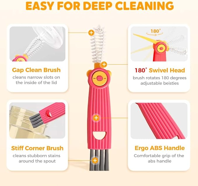 3 in 1 Water Bottle Cleaning Brush, Multifunctional Cup Lid Gap Cleaner for Bottles, Cups, and Food Storage Containers, Portable Crevice Cleaning Brush for Kitchen Use (3, Red)