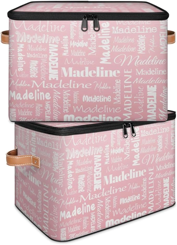 Custom Storage Basket with Name, Personalized Keepsake Box with Zipper Lid, Foldable Fabric Memory Bin Large capacity with Handle Pink