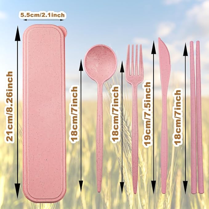4 Sets Reusable Utensils Set with Case,Camping Cutlery Set Travel Silverware Set with Case Lunch Utensils Set for Work,Utensil Sets for Lunch Picnic Daily Use Outdoor (Pink)