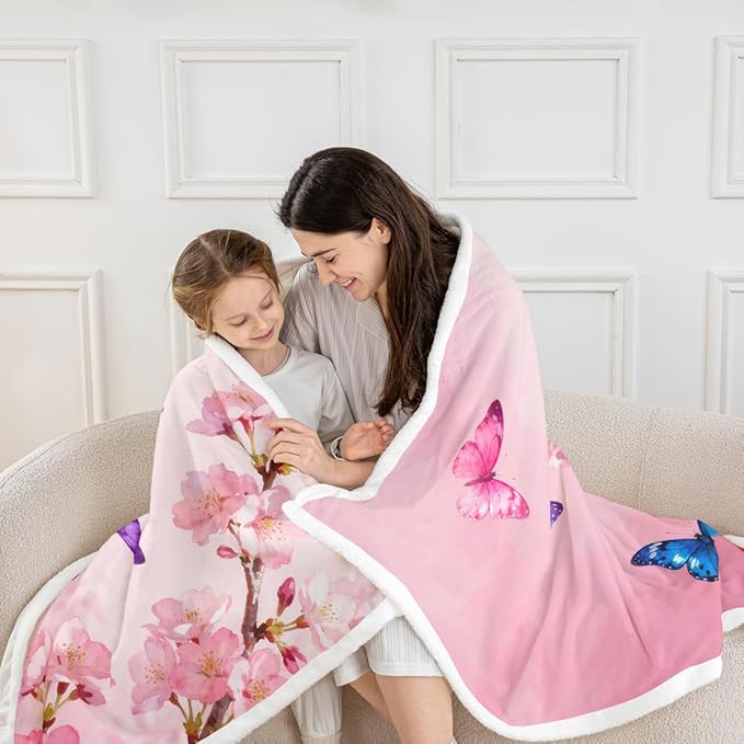 Feelyou Girls Pink Butterfly Fleece Throw Blanket 40"x50" Kids Cherry Blossom Sherpa Blanket Plush Fuzzy for Bed Couch Chair Living Room, Floral Flower Bed Blanket Room Decor