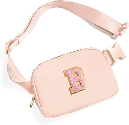 Gitus 6 7 8 9 10 Year Old Girl Gifts Belt Bag Fanny Pack Crossbody Bags with Initial Letter Patch Things for Teen Girls Easter Gifts for Girls Travel Essentials（Coral Pink-B）