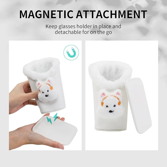 Plush Lined Eyeglasses Holder, Cute Magnetic PU Leather Glasses Stand Case for Women Men Kids