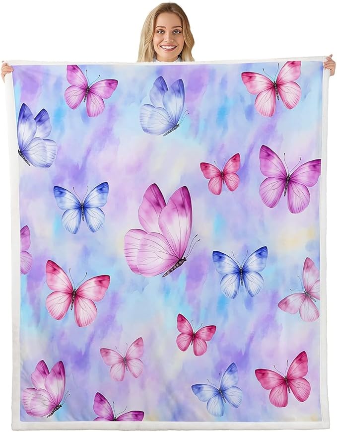 Feelyou Girls Butterfly Fleece Throw Blanket Twin 60"x80" Kids Tie Dye Watercolor Sherpa Blanket Plush Fuzzy for Bed Couch Chair Living Room, Dreamy Girly Bed Blanket Purple Blue Room Decor