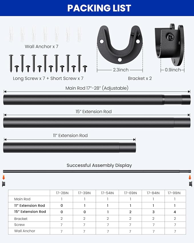 4 PACK Closet Rods for Hanging Clothes, 17 to 69 Inches Stepless Adjustable Metal Closet Rod, 1.3 Inches Heavy Duty Clothes Hanging Rod for Closet Wardrobes Laundry RV, Black