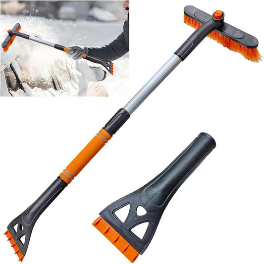 31.5" Detachable Snow Brush and Ice Scraper for Car Windshield, 2-in-1 Winter Snow Removal Tool with Extendable, 360° Rotating Soft Bristle Brush Head and Foam Grip for Most Vehicles (Orange)