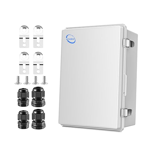 Waterproof Outdoor IP67 Junction Box (11.4"x7.5"x5.5") with Mounting Plate, Hinged Grey Cover and Wall Brackets - Weatherproof ABS Plastic Electrical Enclosure for DIY Projects (290x190x140mm)