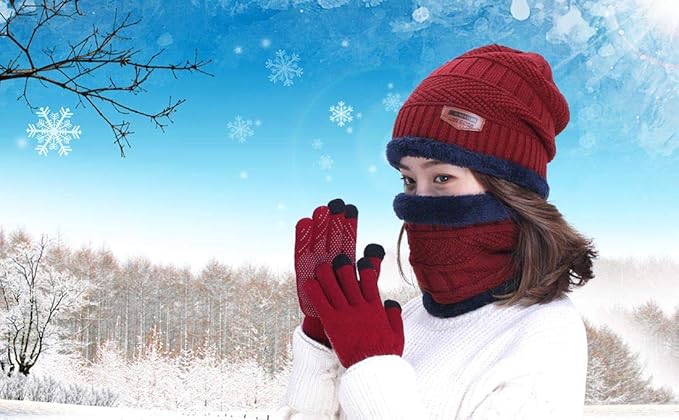 HINDAWI Winter Hat Scarf Gloves Slouchy Beanie Snow Knit Skull Cap Touch Screen Mittens Circle Scarves for Women Men