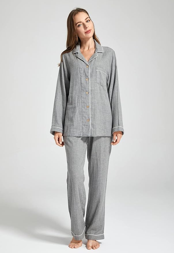 Womens Pajama Sets 100% Double Gauze Cotton Linen Like Muslin Pajamas Long Sleeve Button Down Sleepwear Soft Pjs Lounge Set