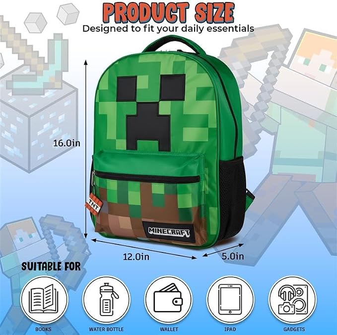 AI ACCESSORY INNOVATIONS Minecraft Backpack for Boys & Girls, Big Face Creeper School Bag with Front Pocket, TNT Rubber Molded Dangle, Green
