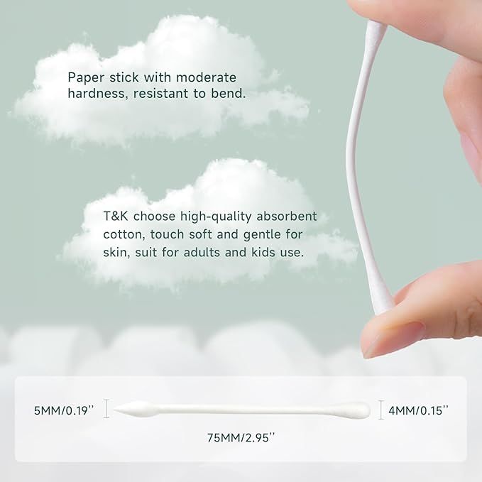 T&K Biodegradable Cotton Swabs - 1200 Count Eco-Friendly Paper Stick, Double-Tipped Precision Pointed & Gentle Round Tips, Hypoallergenic Organic Cotton (6 Pack)