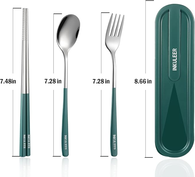 Travel cutlery set, 18/8 stainless steel cutlery, Reusable utensils set with case, Portable Silverware Lunch Box for Camping and Office (Dark Green)