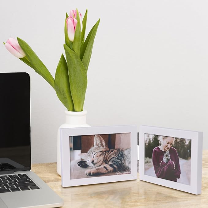 Double Horizontal 5X7 Hinged PS Family Picture Frame Collage For Desktop or Tabletop (White 75X2)