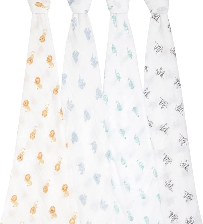 aden + anais Boutique Organic Swaddle Blanket 4-Pack – 100% Organic Cotton Muslin, Large, Soft, Breathable Receiving Blankets for Infants – Lightweight Multi-Use Baby Swaddles, Animal Kingdom