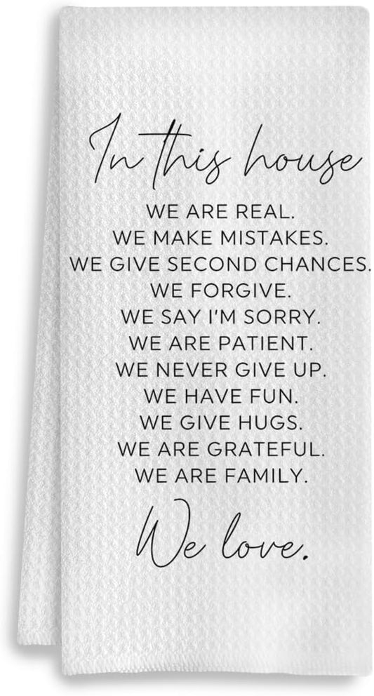 House Warming Gifts for New Home, Inspirational Quote Family Kitchen Towels 16x24 Inches, in This House We Love Decorative Hand Towels for Bathroom, Dish Towels with Saying